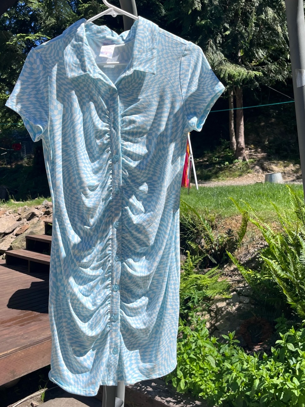 Light Blue & White Checkered Ruched Mini Shirt Dress Optical Illusion